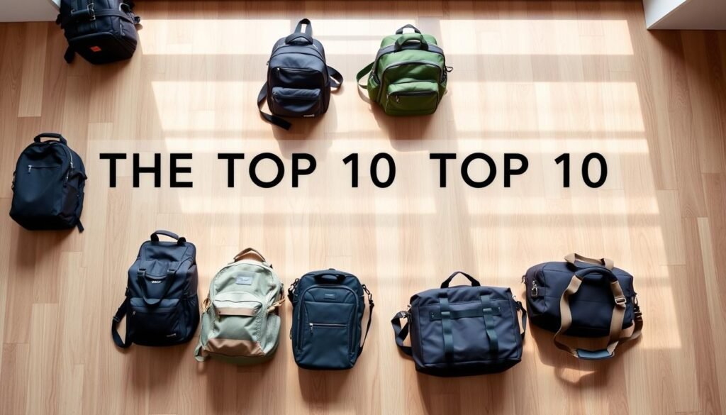 Collection of top 10 travel bags arranged on wooden floor