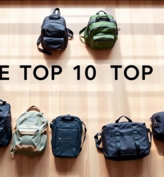 Collection of top 10 travel bags arranged on wooden floor